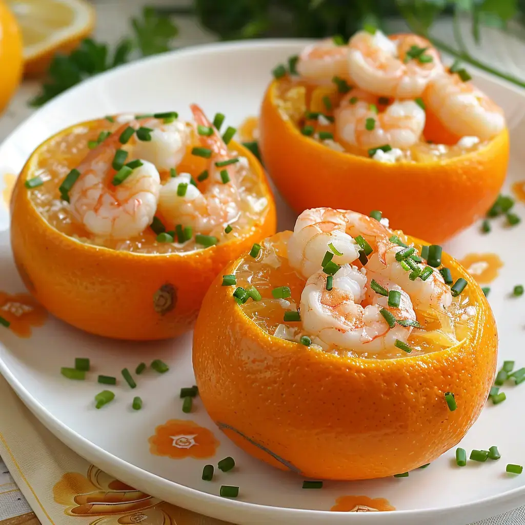 Orangen garniert mit Garnelen, Gelee und Schnittlauch.