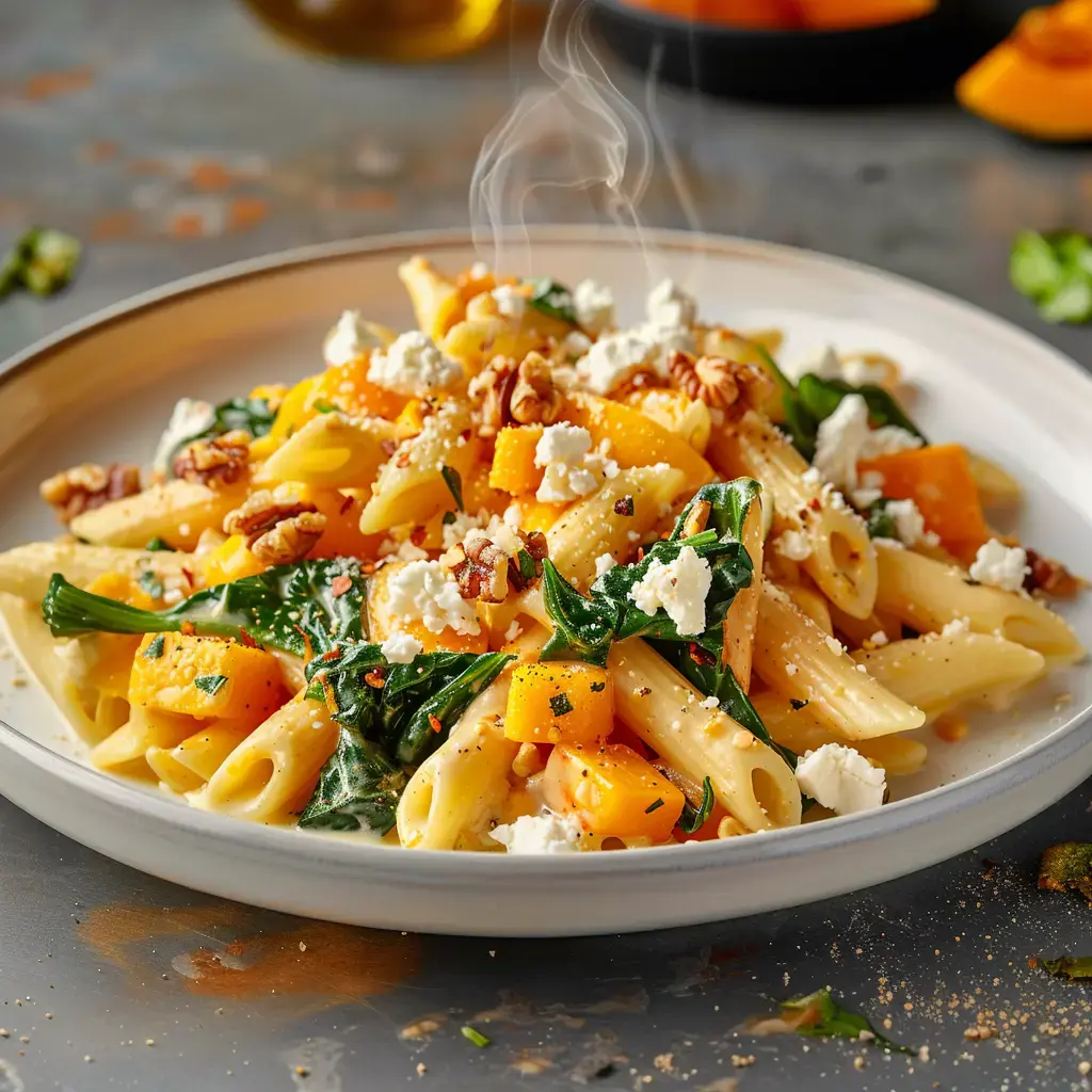 Ein Teller dampfender Penne-Nudeln mit Kürbis, Spinat, gerösteten Walnüssen und Feta, serviert auf einem weißen Teller.