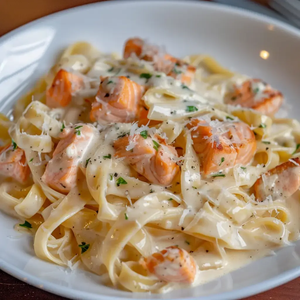 Cremige Bandnudeln mit Lachsstücken und Parmesan bestreut.