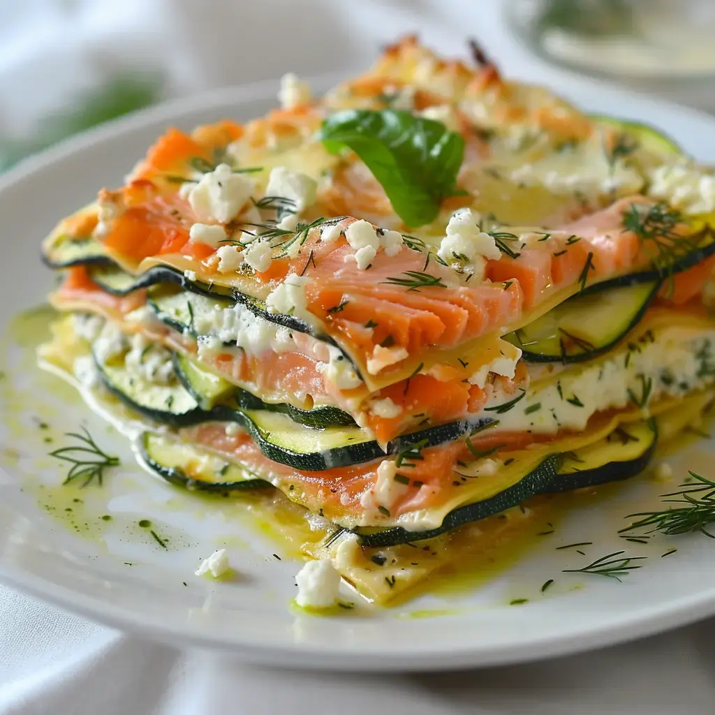 Lachs-Zucchini-Lasagne, garniert mit Käse und frischen Kräutern, serviert auf einem weißen Teller.