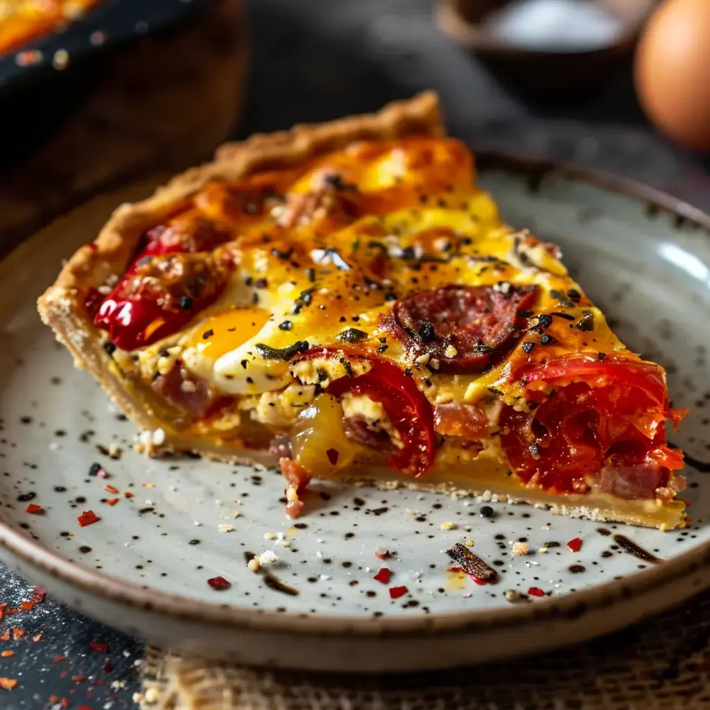 Ein Stück herzhafte Tarte mit Tomaten, Fleisch und Eiern auf einem Teller serviert.