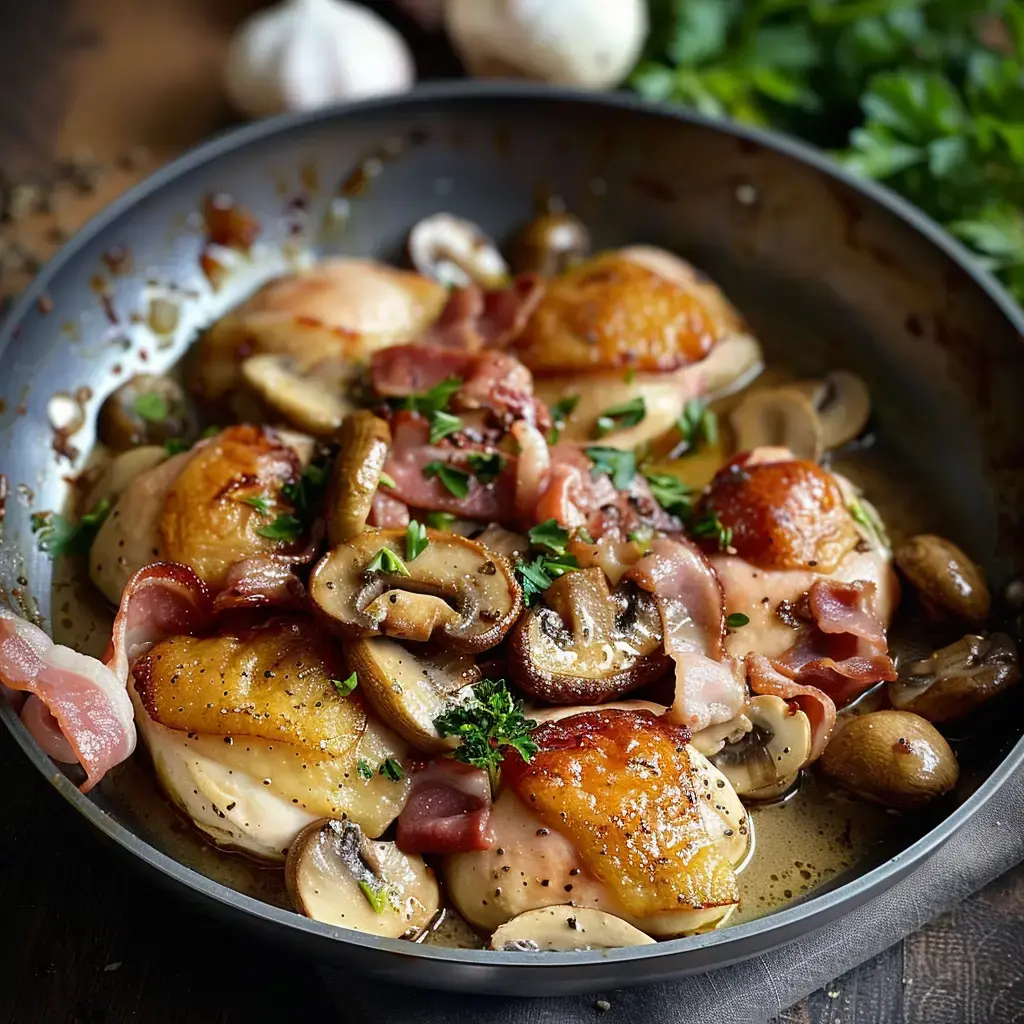 Eine Pfanne mit gebratenen Hühnchenstücken, garniert mit Speck, Pilzen und frischer Petersilie.