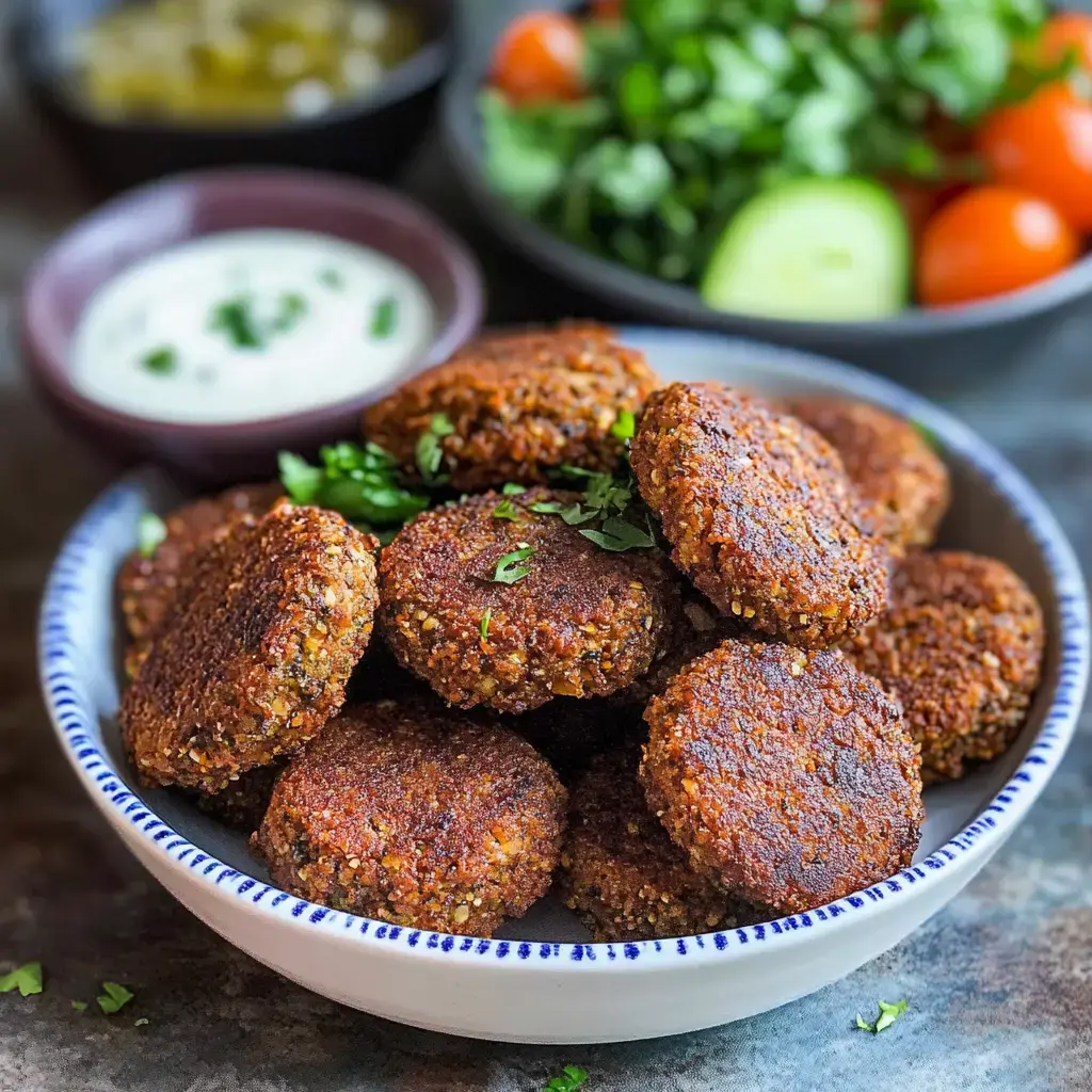 Teller mit goldbraunen Falafel, garniert mit Koriander, begleitet von weißer Sauce und einem Salat im Hintergrund.