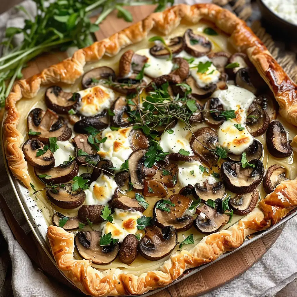 Blätterteigtarte belegt mit Pilzen, Mozzarella und frischen Kräutern.