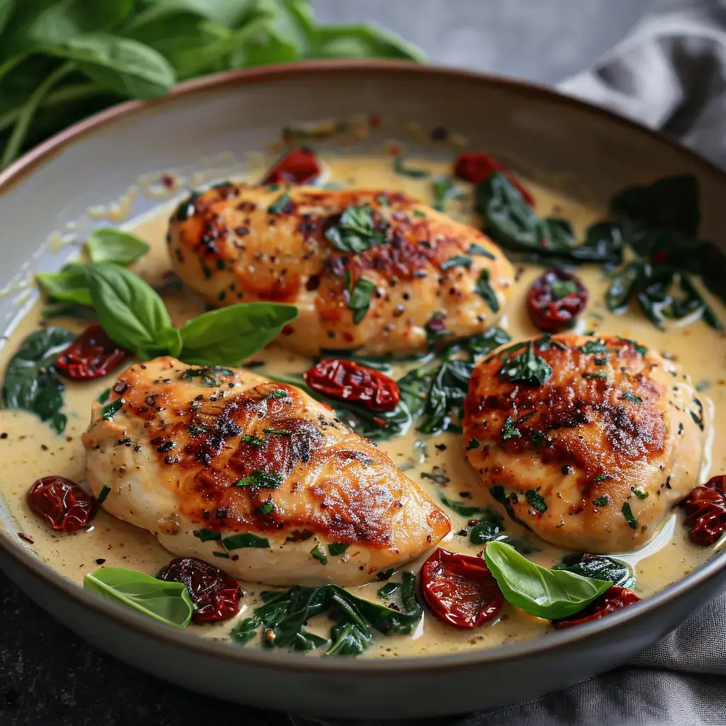 Hähnchenbrustfilets mit Spinat, getrockneten Tomaten und cremiger Sauce, garniert mit frischem Basilikum.