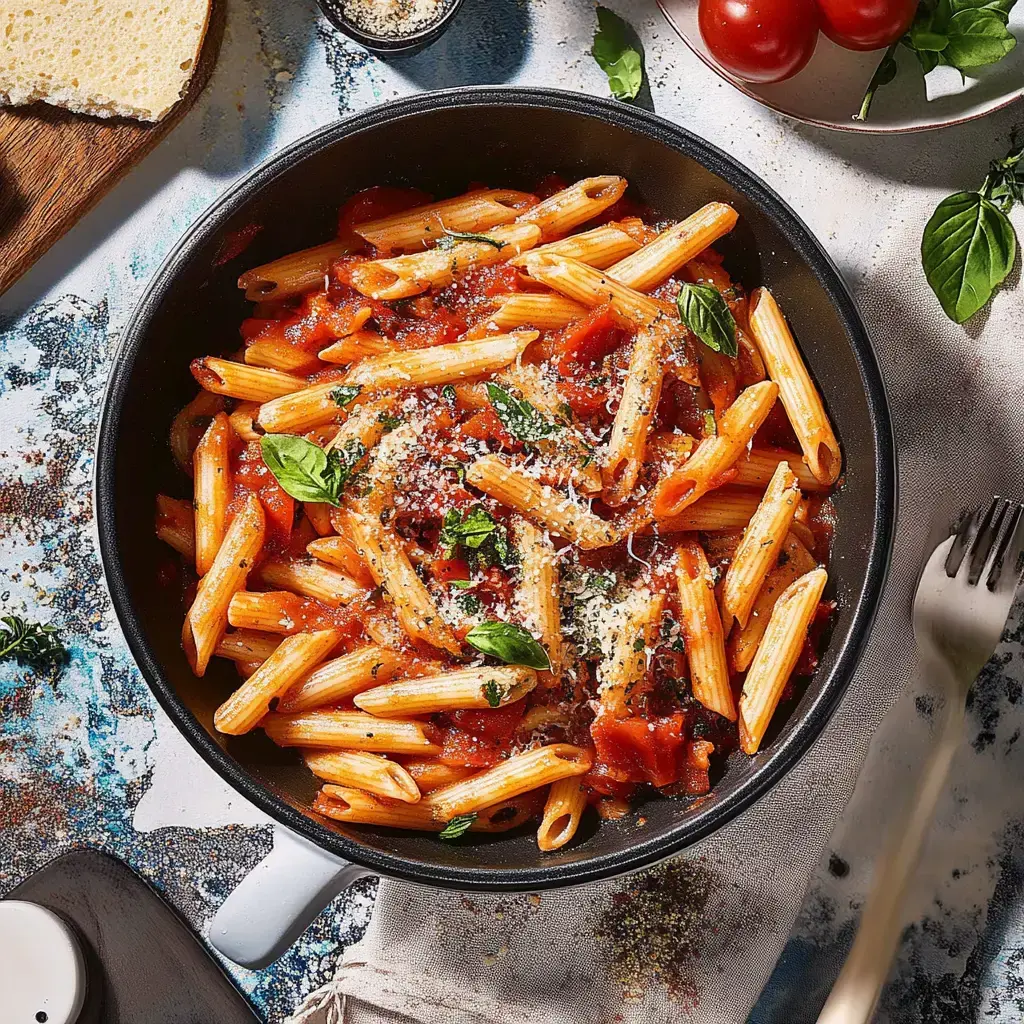Ein Teller Penne mit Tomatensauce, garniert mit frischem Basilikum und geriebenem Käse, dazu Brot und Kirschtomaten.