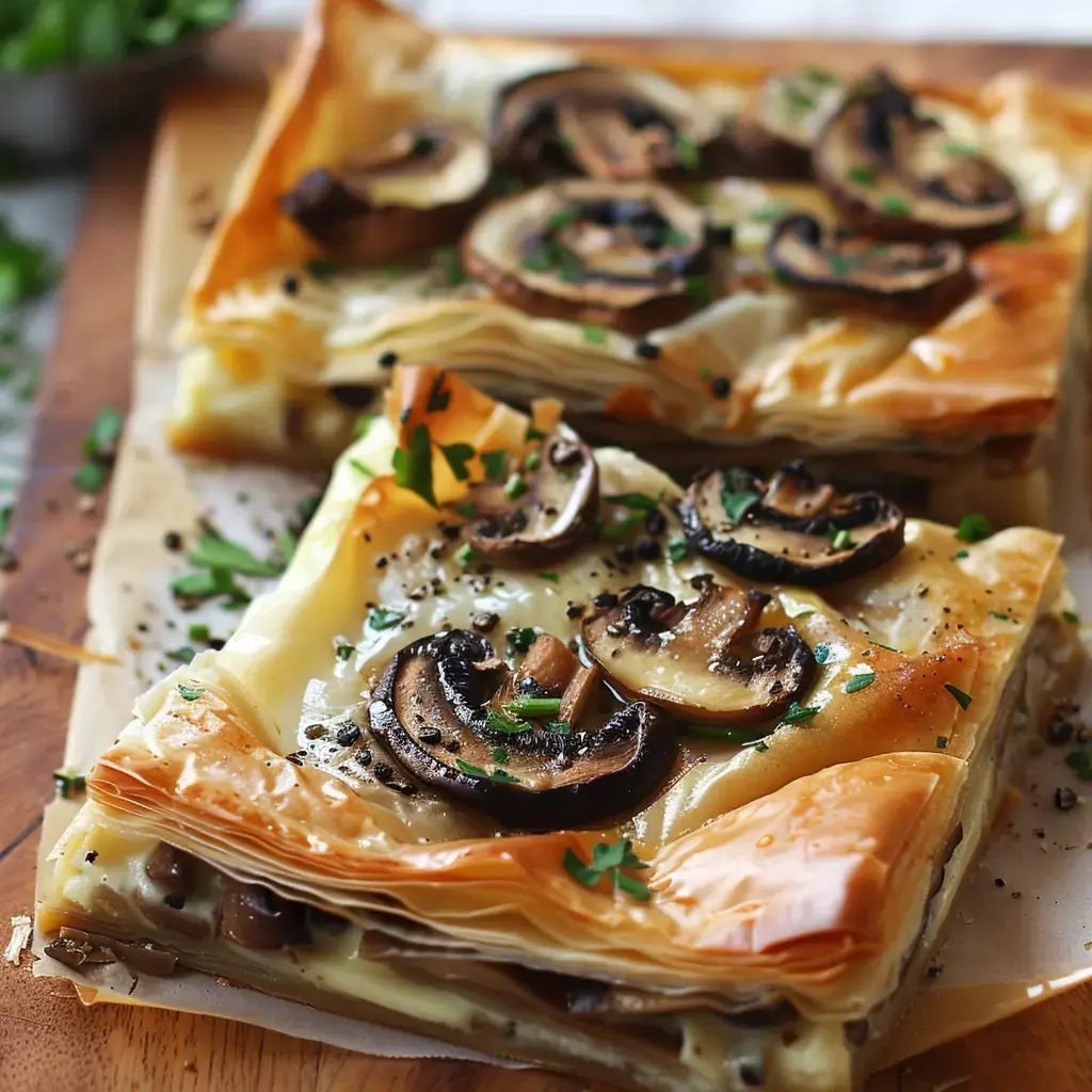 Zwei Portionen Blätterteig mit Pilzen und Kräutern, auf einem Holzbrett serviert.