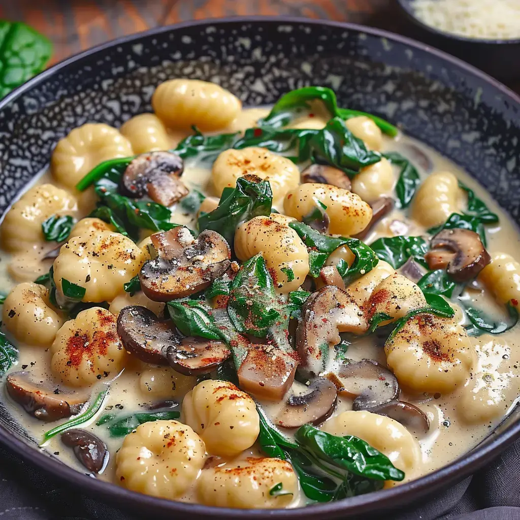 Eine Schüssel cremige Spinat-Gnocchi mit Pilzen, gewürzt mit Pfeffer und Paprika, serviert in einer schwarzen Schale.