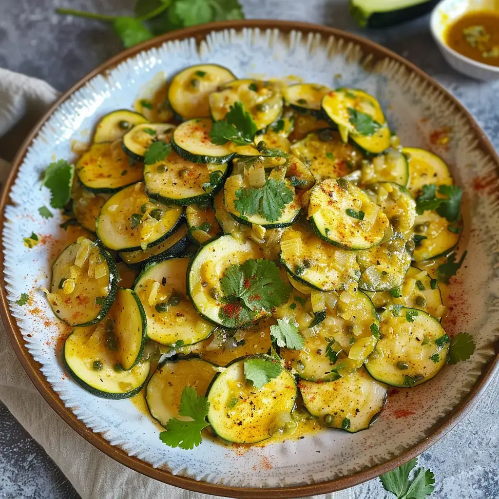 Gericht mit geschnittener Zucchini, frischen Kräutern und Gewürzen in einer großen Schüssel angerichtet.