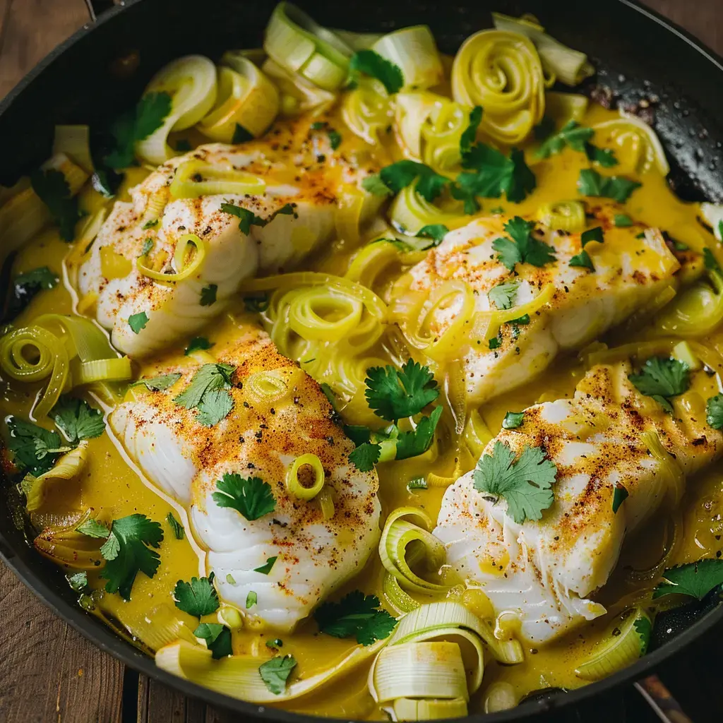 Fischfilets mit Lauch und Koriander in einer gelben würzigen Sauce zubereitet.