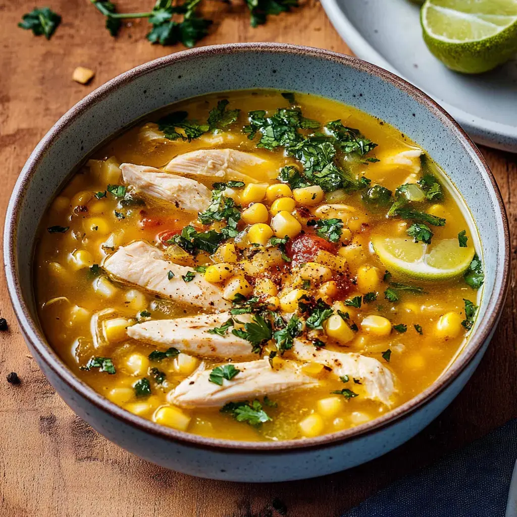 Eine Schüssel Hähnchensuppe mit Mais, frischen Kräutern und Limettenschnitzen.