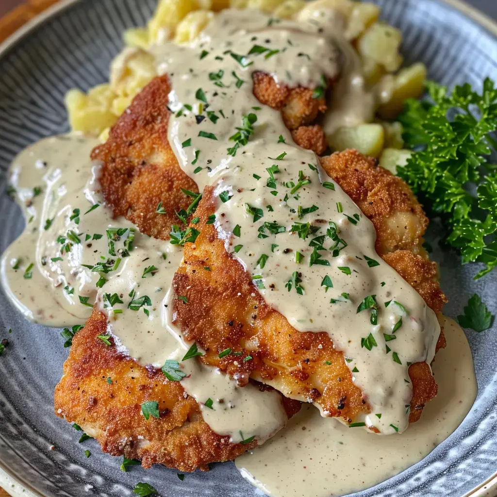 Ein panierter Fisch mit cremiger Soße, serviert mit Kartoffeln und Kräutern.