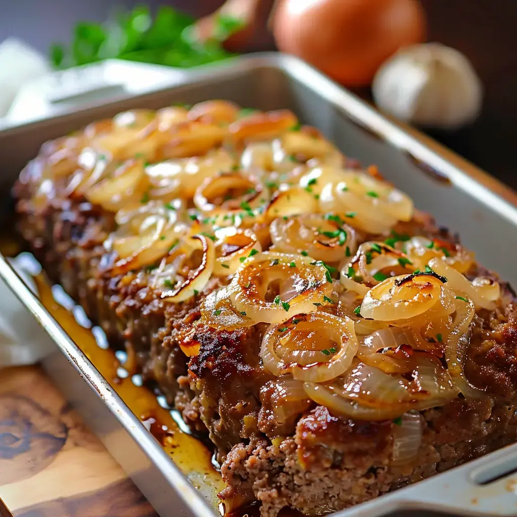 Ein Braten garniert mit karamellisierten Zwiebeln und Petersilie, in einer Auflaufform serviert.