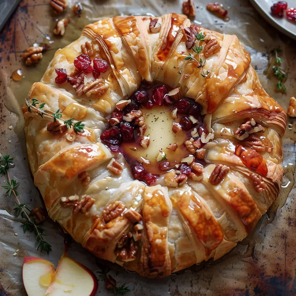 Eine couronne de pâte feuilletée garnie de noix et de fruits rouges, avec une garniture crémeuse au centre.