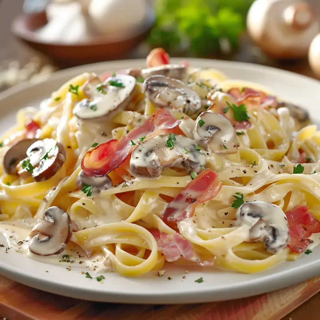 Cremige Nudeln mit Pilzen, Schinken und Tomaten, garniert mit frischer Petersilie.