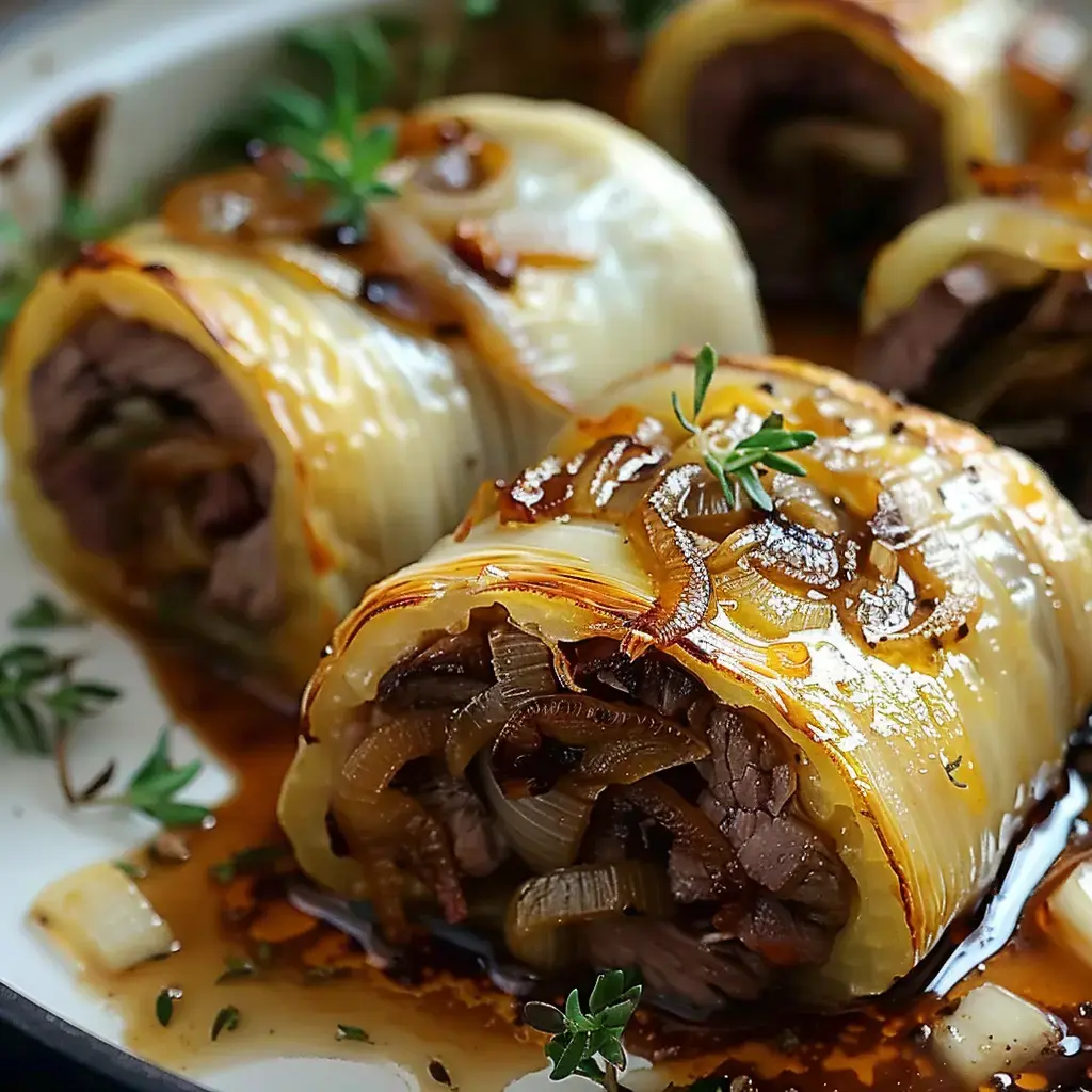 Fleischrouladen in Kohlblättern eingewickelt, mit goldbraunen Zwiebeln garniert und mit Sauce übergossen.