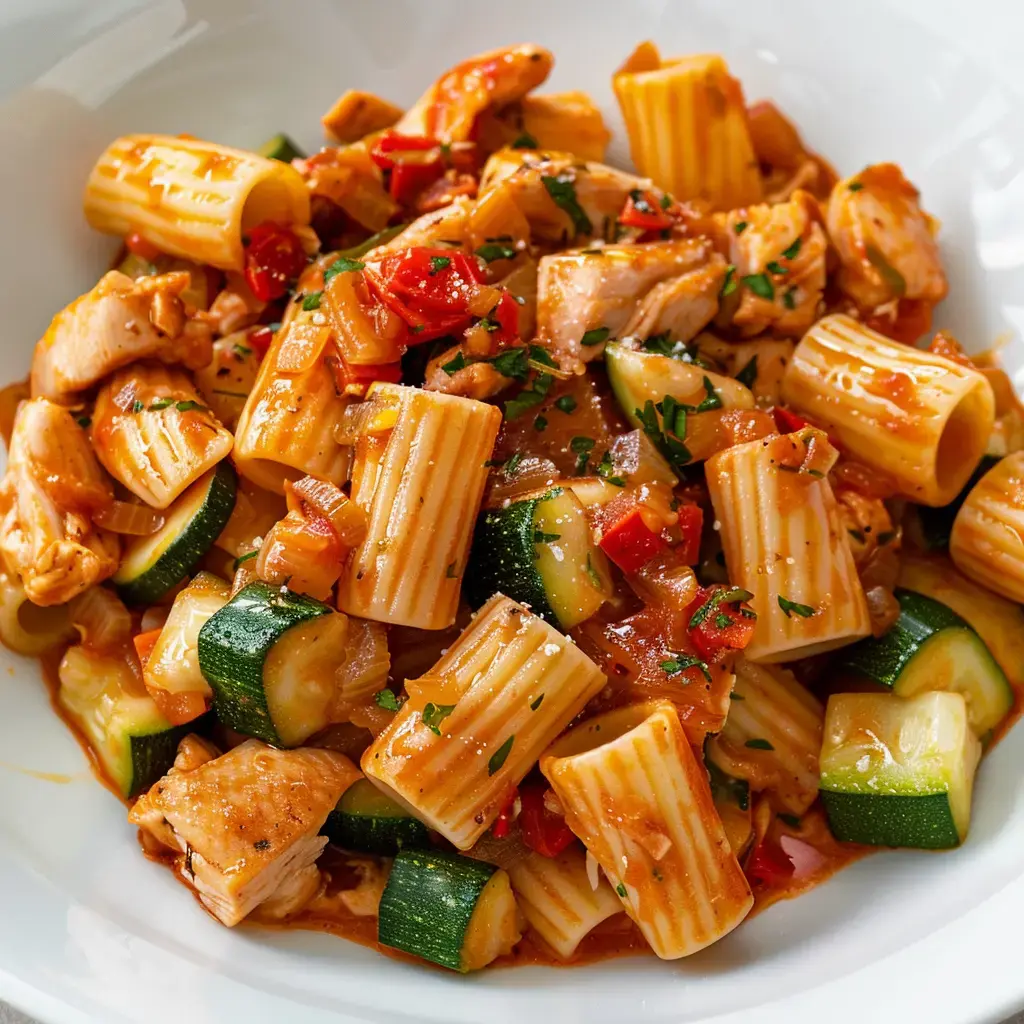 Ein Teller Rigatoni-Nudeln mit Hähnchenstücken, Zucchini und Paprika in einer cremigen Soße.