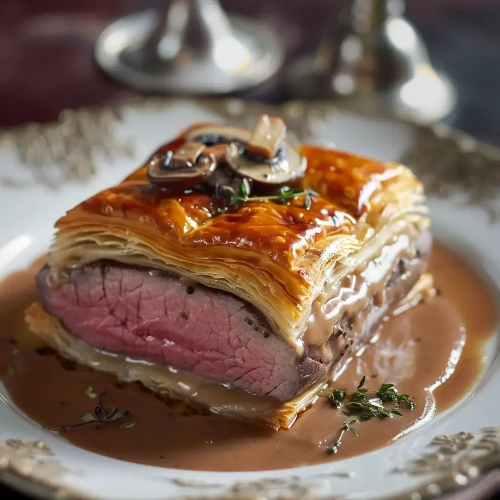 Ein Rinderfilet im Teigmantel, serviert mit brauner Soße und Pilzen auf einem eleganten Teller.