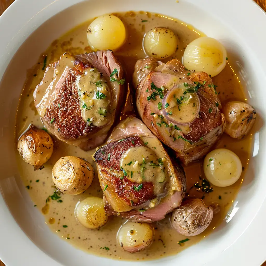 Ein schmackhaftes Gericht aus geschmortem Fleisch mit Zwiebeln und cremiger Soße überzogen.