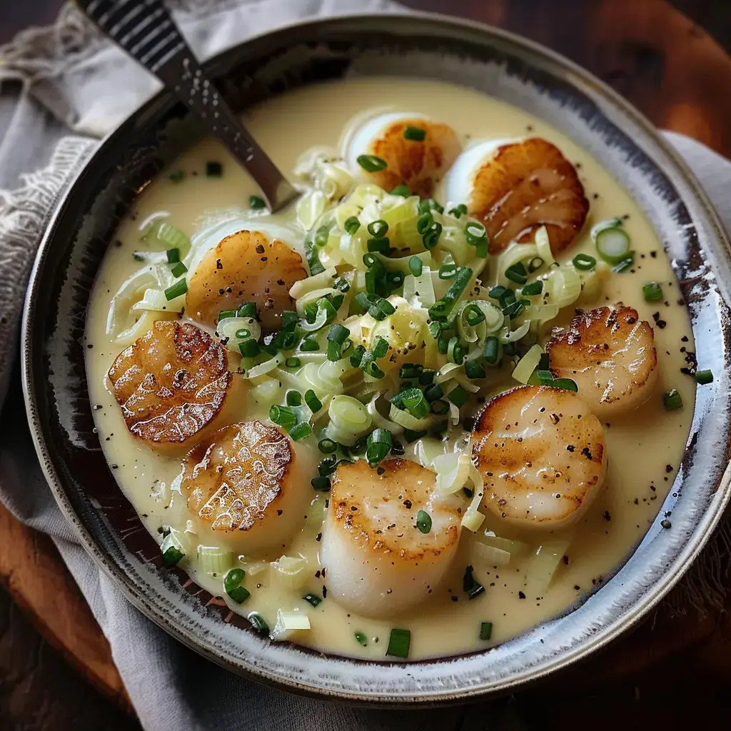 Eine Schüssel cremige Suppe mit goldbraun gebratenen Jakobsmuscheln, garniert mit gehacktem Schnittlauch.