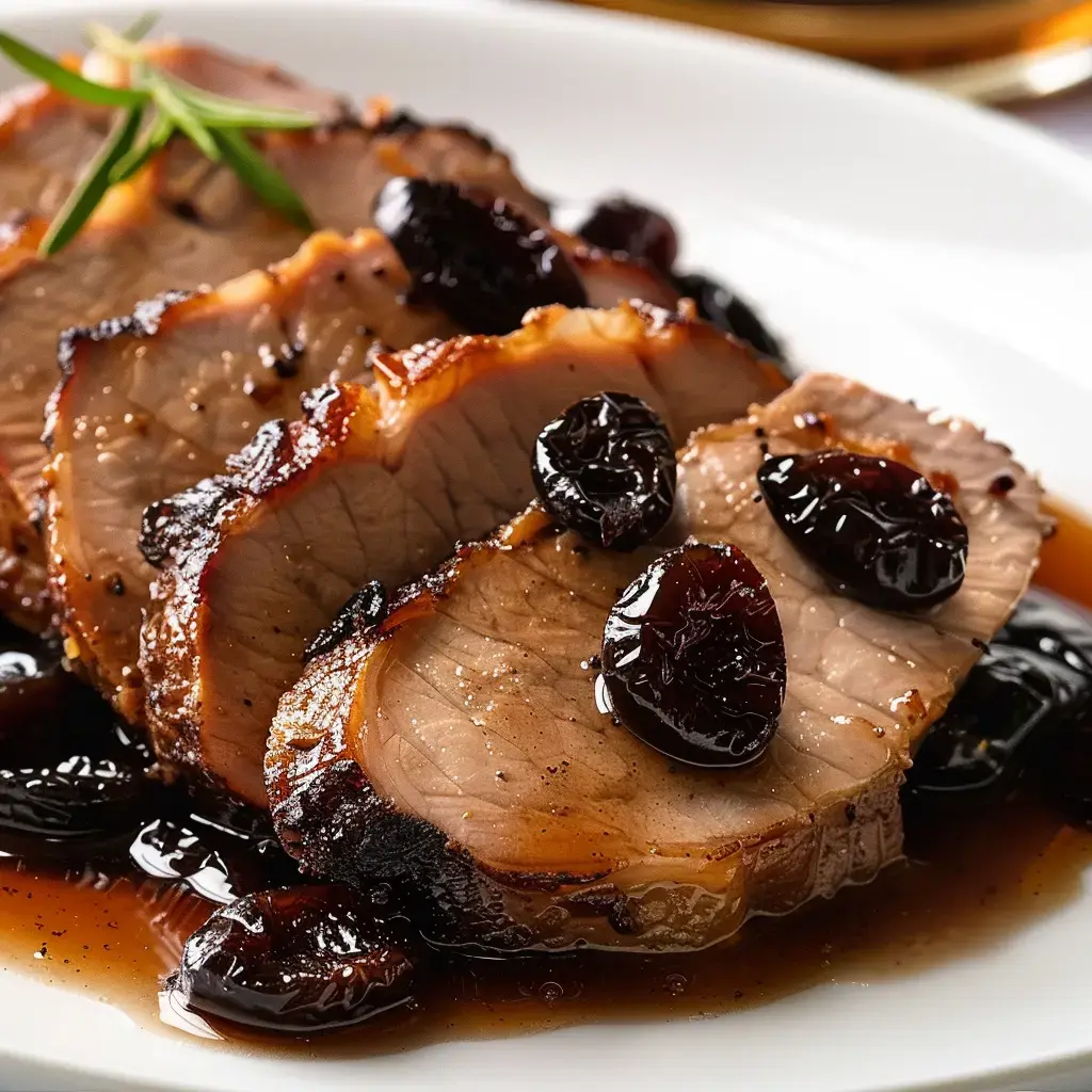 Scheiben gebratenes Fleisch mit schwarzen Pflaumen in glänzender Sauce.
