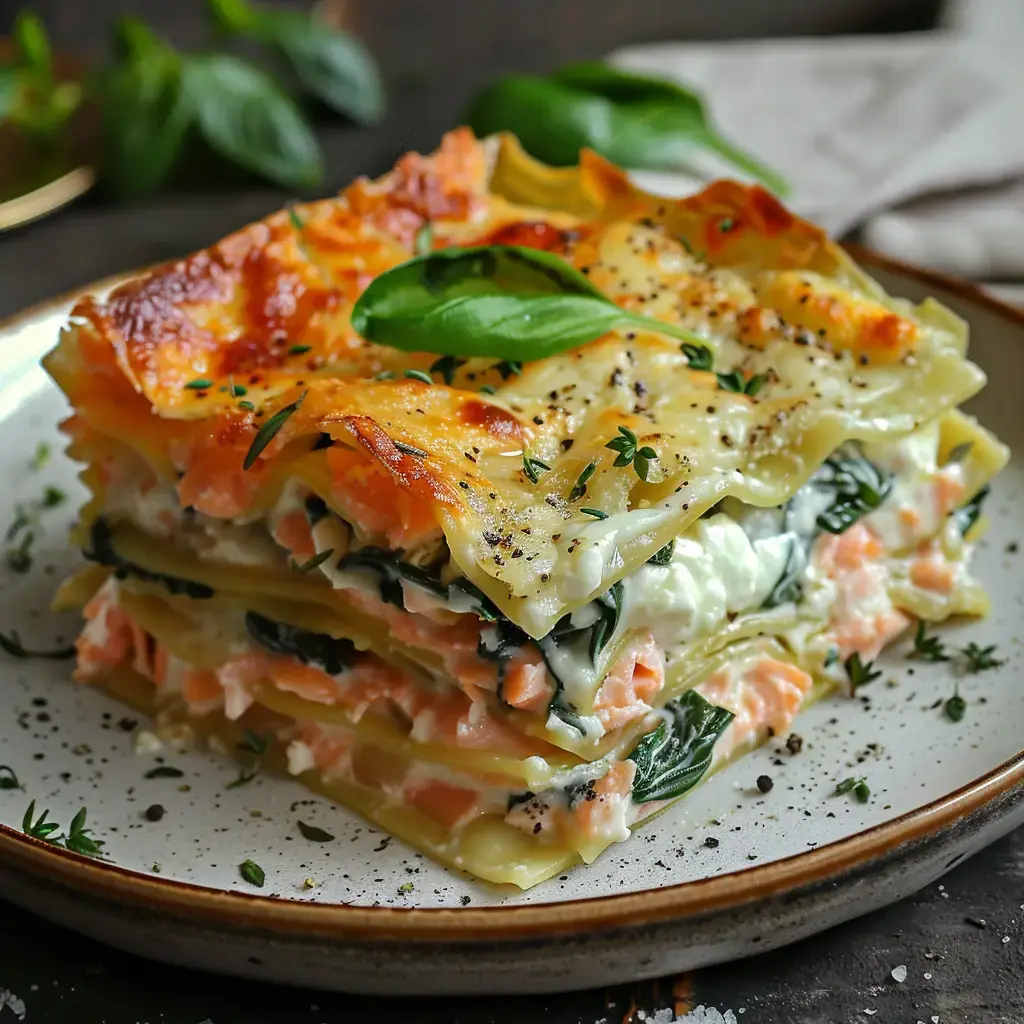 Lachs-Spinat-Lasagne, garniert mit frischem Basilikum, auf einem Teller serviert.