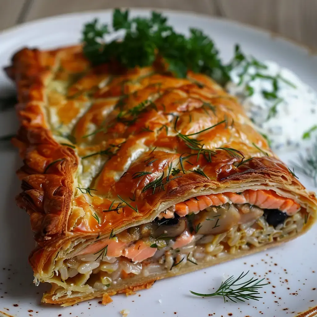 Blätterteig-Pastete gefüllt mit Lachs, Pilzen und Kräutern, serviert mit Sauce.