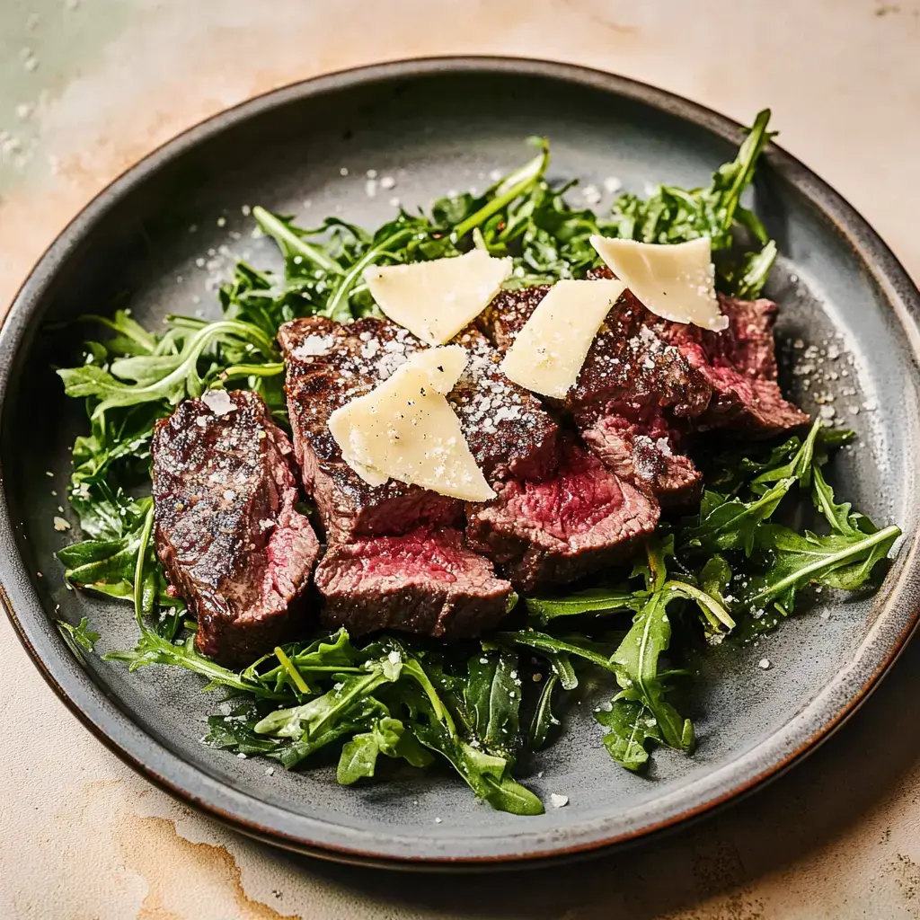 Ein Teller mit gegrilltem Rindfleisch auf Rucola, garniert mit Parmesanspänen und Salz.