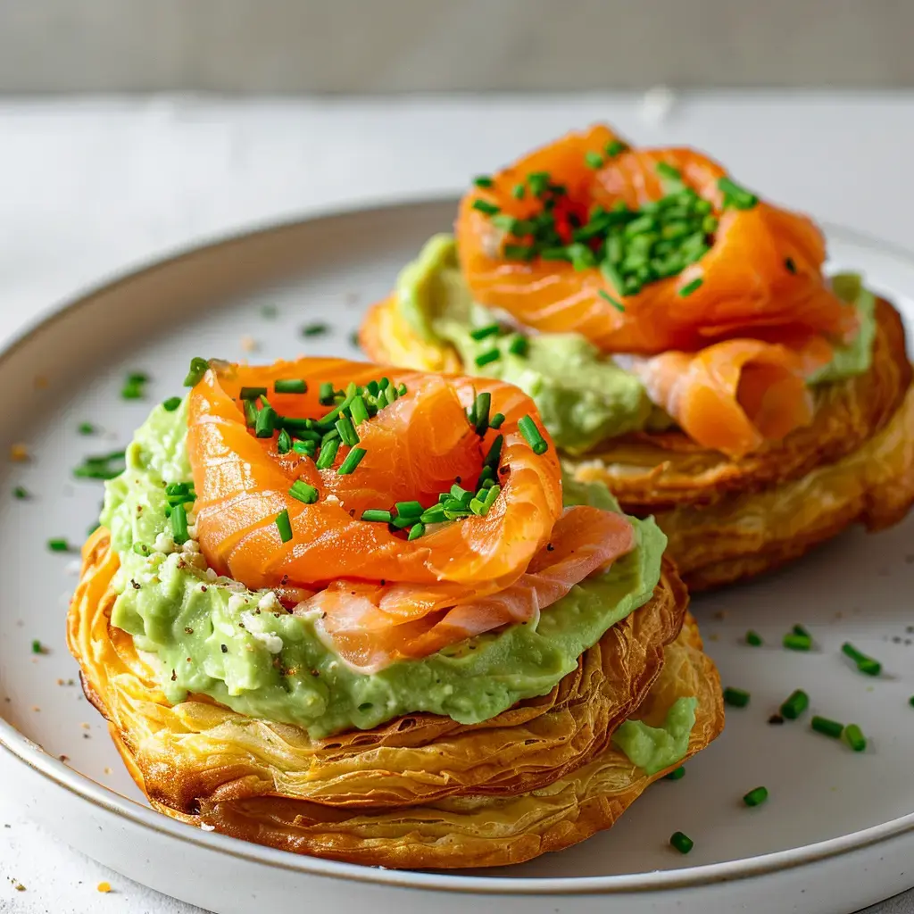 Zwei Gebäckringe gefüllt mit Avocadocreme und Räucherlachsscheiben, garniert mit Schnittlauch.