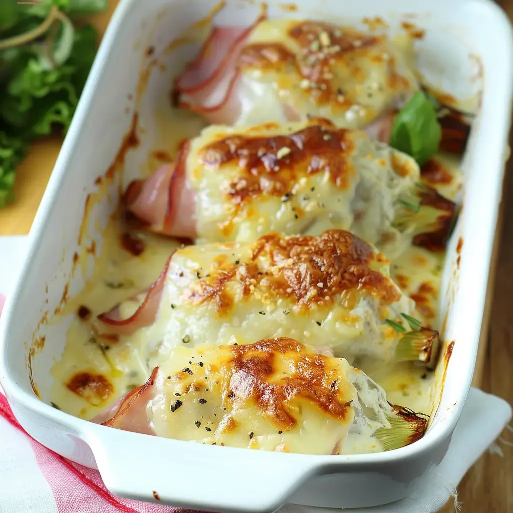 Gemüseauflauf mit Schinken und geschmolzenem Käse überbacken.