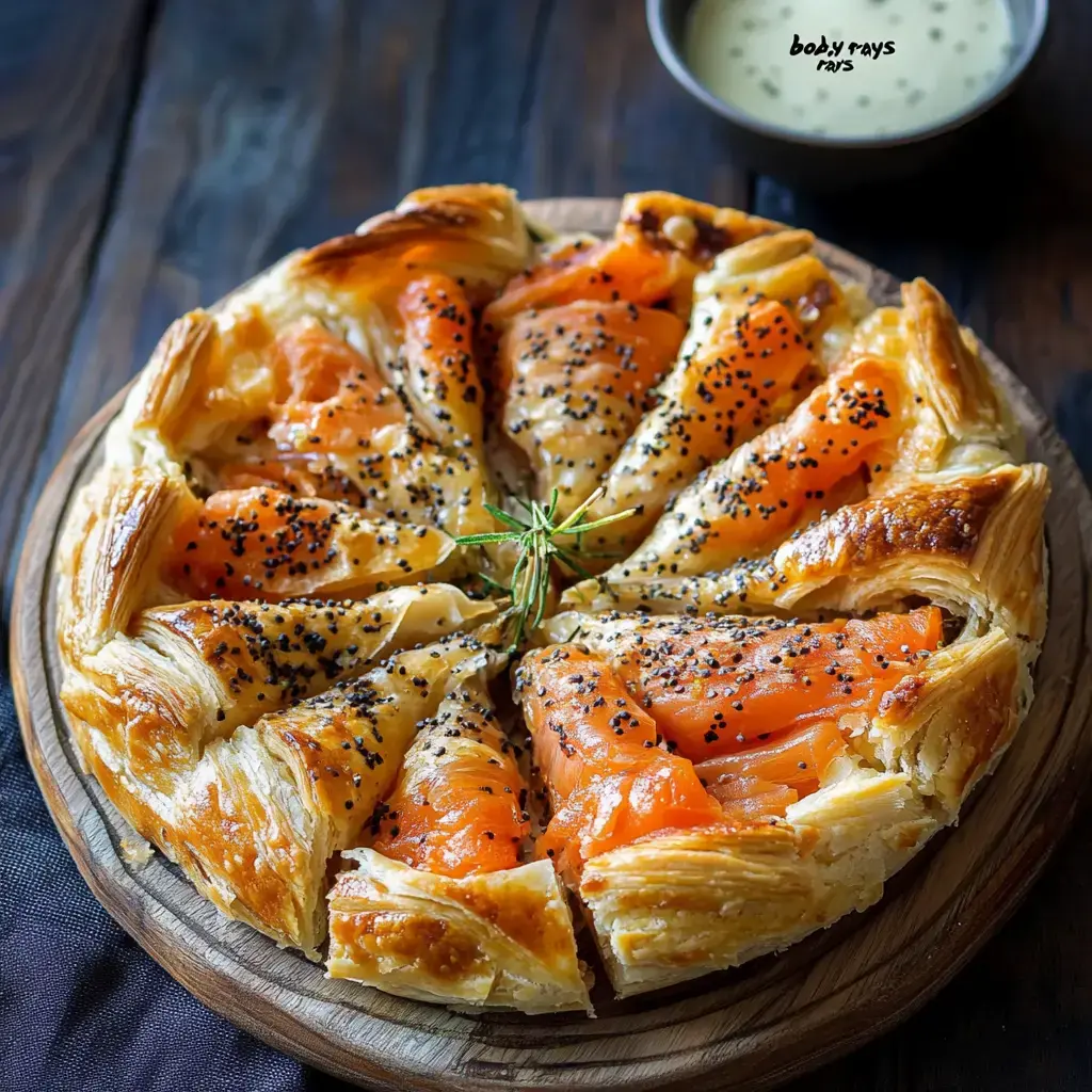 Eine Blätterteigtarte mit Räucherlachs, in Portionen geschnitten und mit einer Sauce serviert.