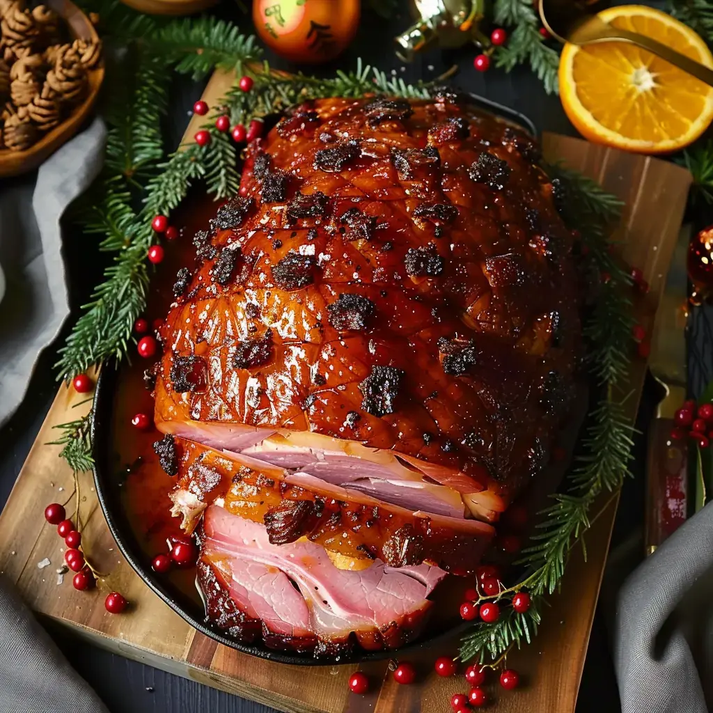 Ein glasierter Schinken, verziert mit Beeren und Tannenzweigen, wird auf einem Holzbrett mit Weihnachtsdekoration im Hintergrund präsentiert.