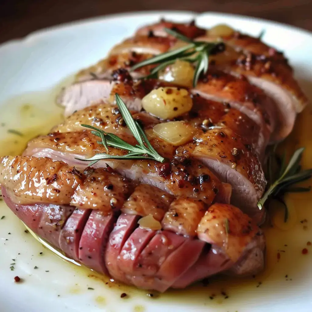Ein gebratenes Fleischgericht garniert mit Kräutern, Knoblauchzehen und kleinen Zwiebeln, überzogen mit einer goldenen Sauce.