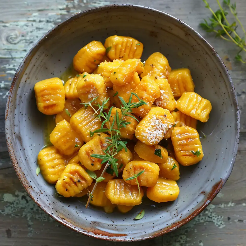 Eine Schüssel mit gelben Gnocchi, gewürzt und mit Käse und frischen Kräutern garniert.