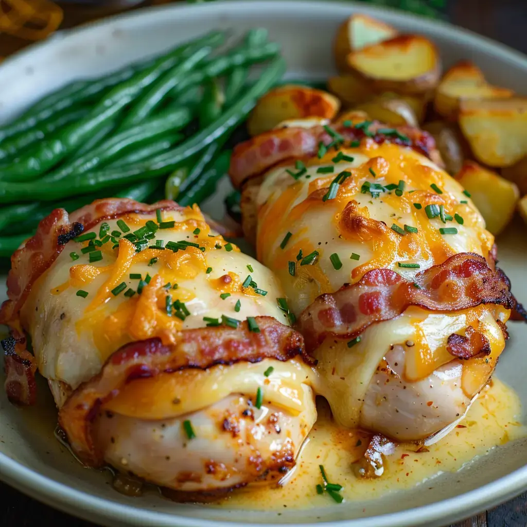Zwei mit Speck umwickelte Hähnchenstücke, mit Cheddar überbacken, dazu grüne Bohnen und Röstkartoffeln.