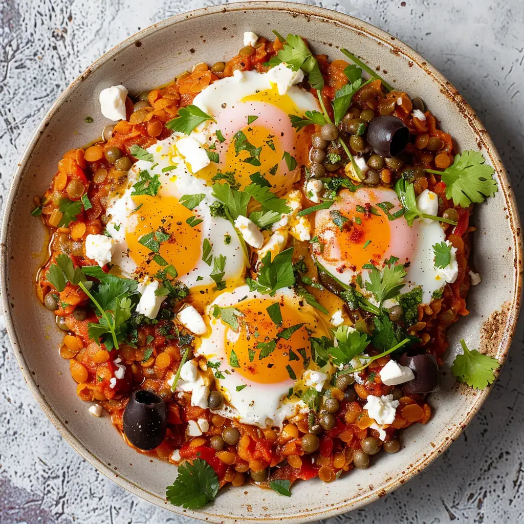 Ein Linsengericht mit drei Spiegeleiern, garniert mit Feta, Oliven und frischer Petersilie.