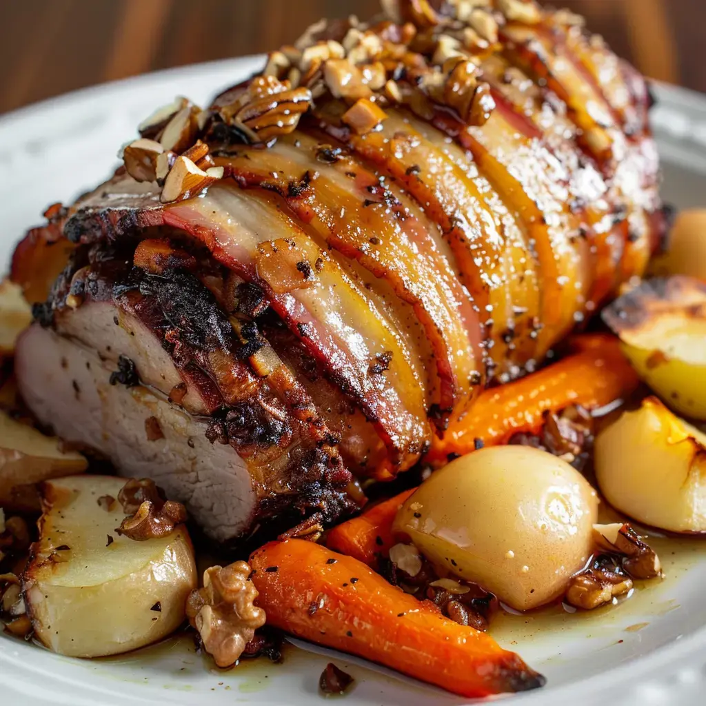 Saftiger Schweinebraten im Speckmantel mit goldbraunen Möhren und Äpfeln auf einem weißen Teller serviert.