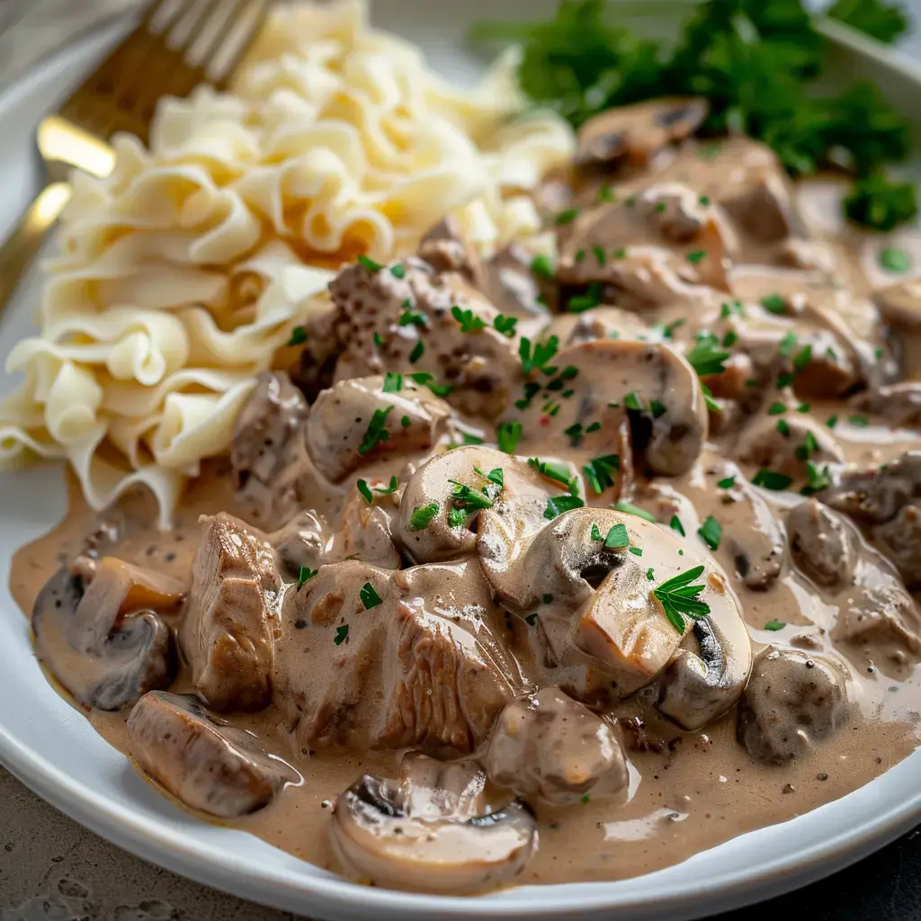 Ein Teller mit Nudeln, Fleisch und Pilzen in cremiger Soße, garniert mit frischer Petersilie.