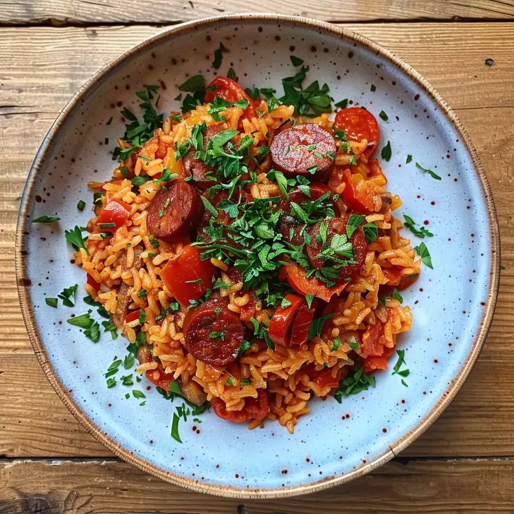 Teller mit Reis in Tomatensoße, garniert mit Wurstscheiben und frischer Petersilie.