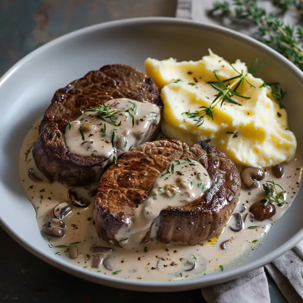 Ein Teller mit Rinderfilets in cremiger Soße, dazu Kartoffelpüree und feine Kräuter zur Garnierung.