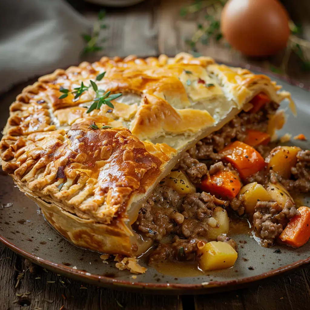 Ein Fleischkuchen mit goldener Kruste, gefüllt mit Hackfleisch, Möhren und Kartoffeln, wird auf einem Holzteller präsentiert.