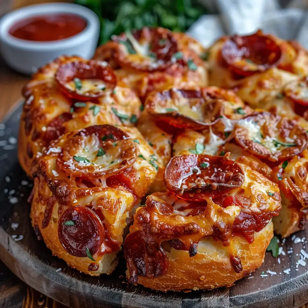 Ein Brotball gefüllt mit Salami und Käse, serviert mit Tomatensoße als Beilage.