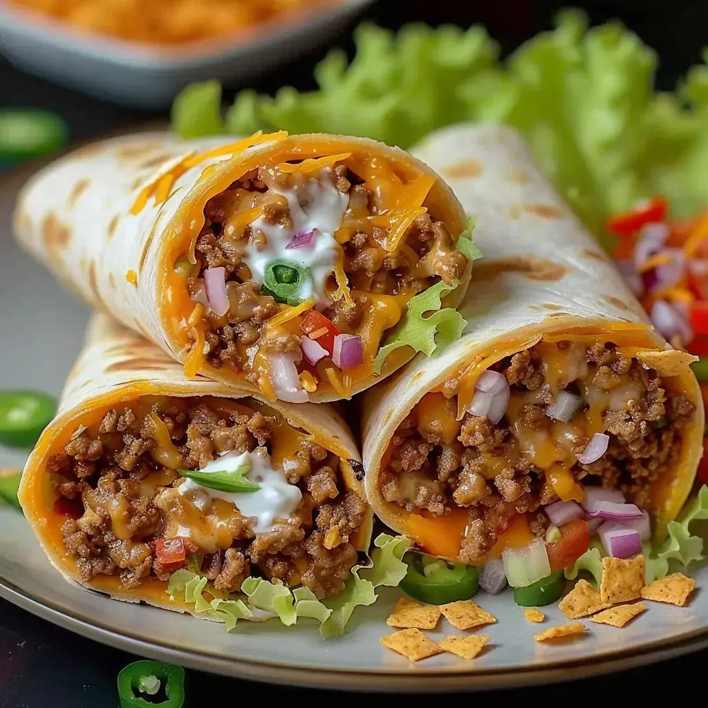 Drei Tortillas gefüllt mit Hackfleisch, Käse, Gemüse und Soße, serviert auf einem Teller mit Salat.