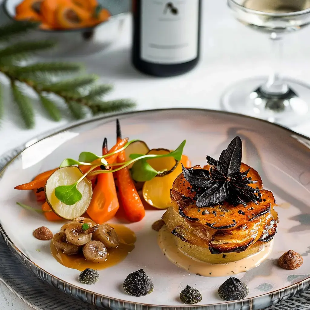 Ein elegantes Gourmetgericht mit buntem Gemüse und raffinierter Dekoration, begleitet von einem Glas Wein und einer Flasche im Hintergrund.