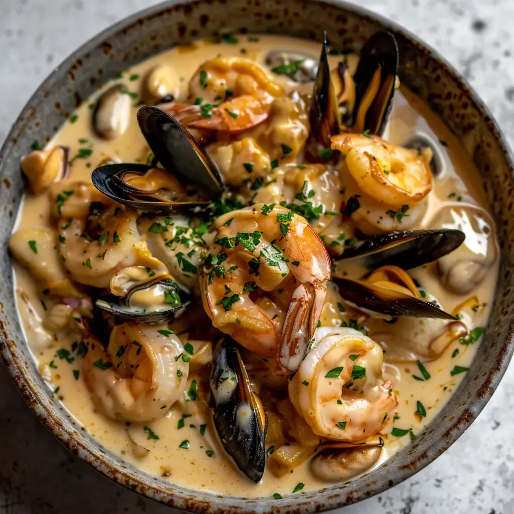 Eine Schale mit Meeresfrüchten, Garnelen, Muscheln und Herzmuscheln in cremiger Soße, garniert mit frischer Petersilie.