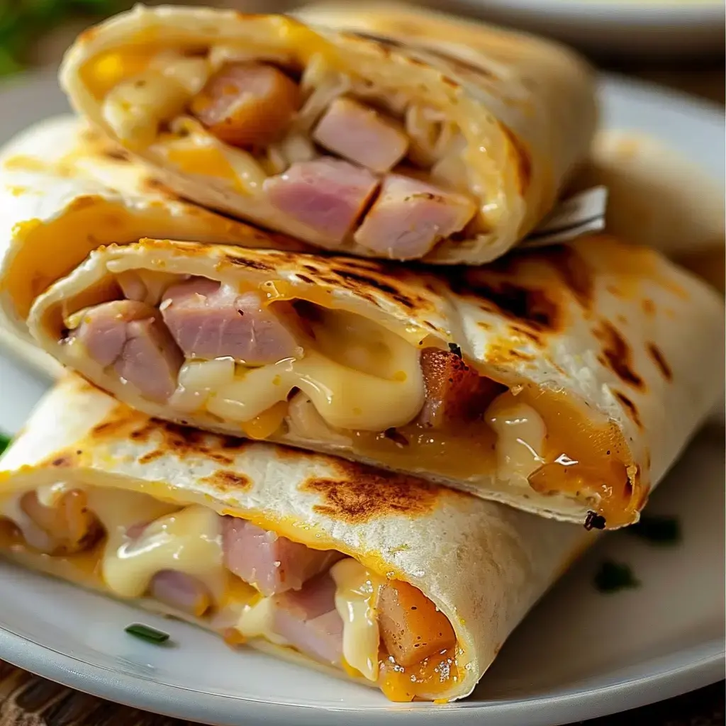 Gegrillte Tortillas gefüllt mit Schinkenstücken und geschmolzenem Käse.