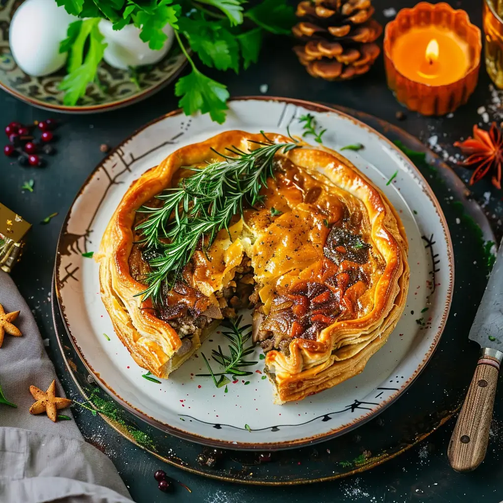 Eine goldene, blättrige Pastete, gefüllt mit Fleisch und mit Rosmarinzweigen garniert, wird auf einem Teller präsentiert, umgeben von Zutaten und einer brennenden Kerze.