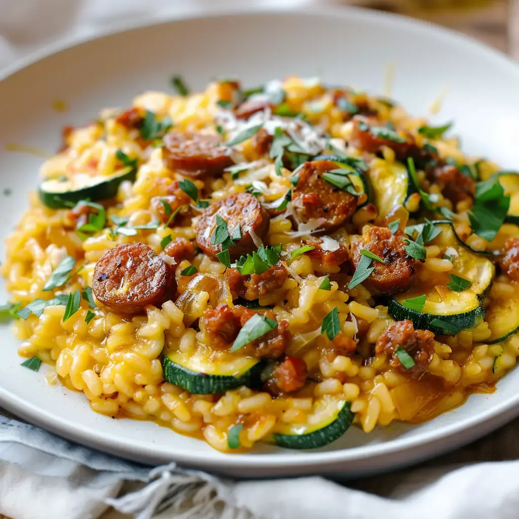 Ein Teller cremiges Risotto mit Zucchini, Wurst und frischen Kräutern.