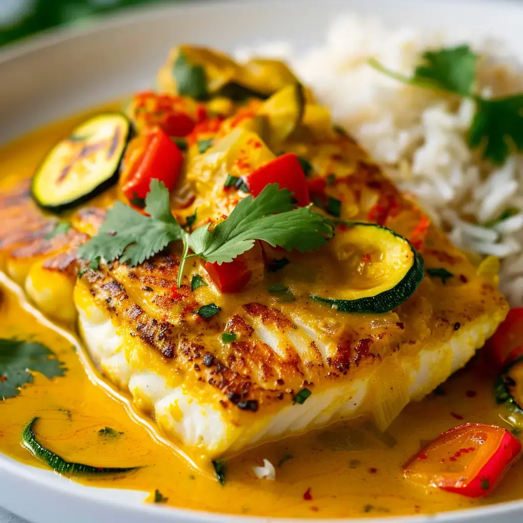 Ein gegrilltes Fischfilet mit cremiger Sauce, dazu buntes Gemüse und Reis.