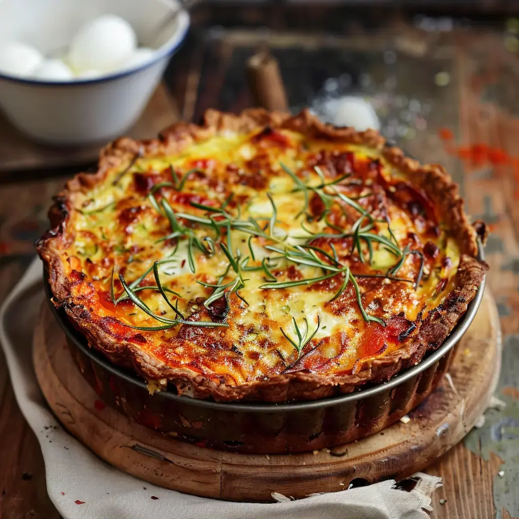 Goldbraun gebackener herzhafter Kuchen mit Käse und Gemüse, serviert auf einem Holzbrett mit einer Schüssel Eier im Hintergrund.